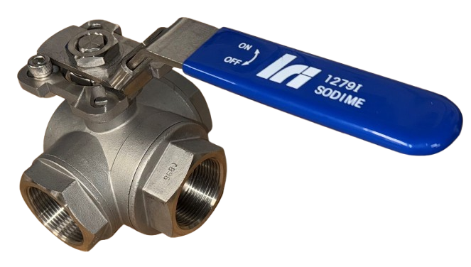 1279I - Robinet à boisseau sphérique 3 voies en T inox taraudé gaz.