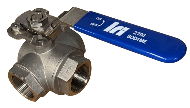 279I - Robinet à boisseau sphérique 3 voies en L inox taraudé gaz.