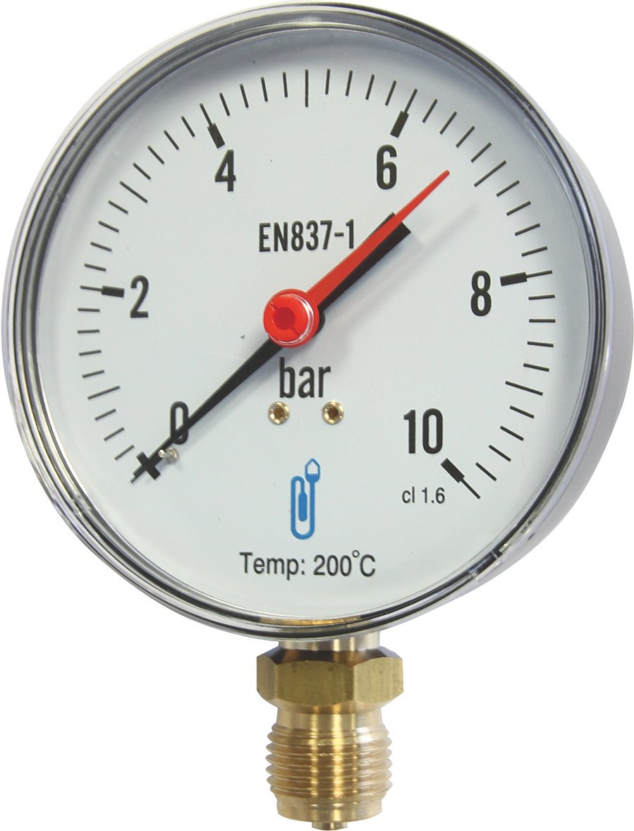512 - Manomètre vapeur radial boîtier en acier, tube de bourdon raccord laiton.